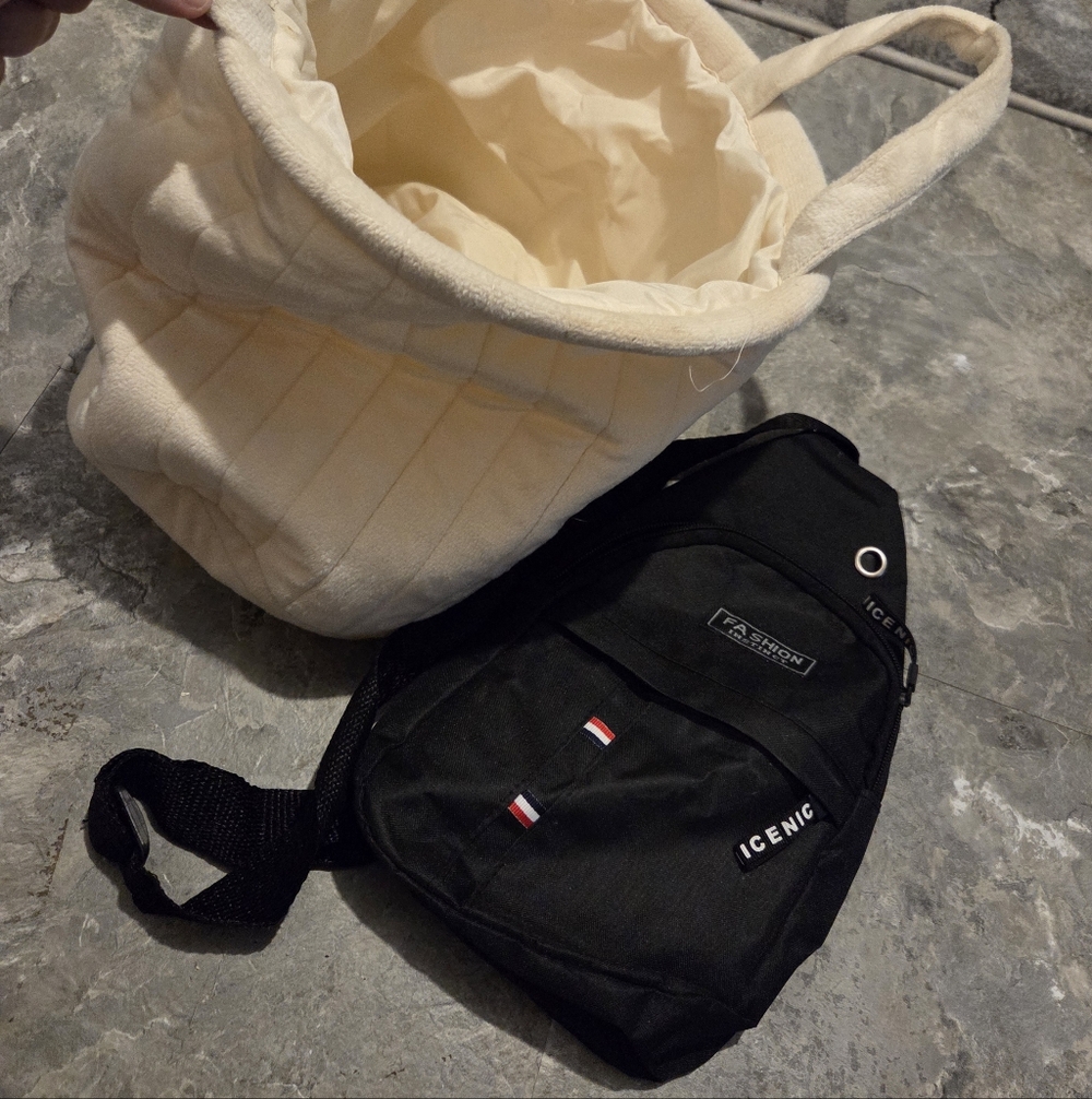 Black ICENIC Crossbody Bag and Cream Quilted Tote